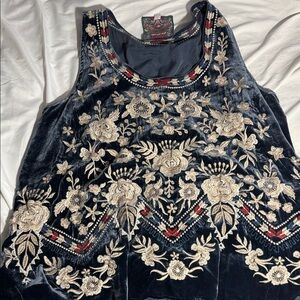 Johnny Was Navy Velvet Tank with Cream Floral Embroidery
